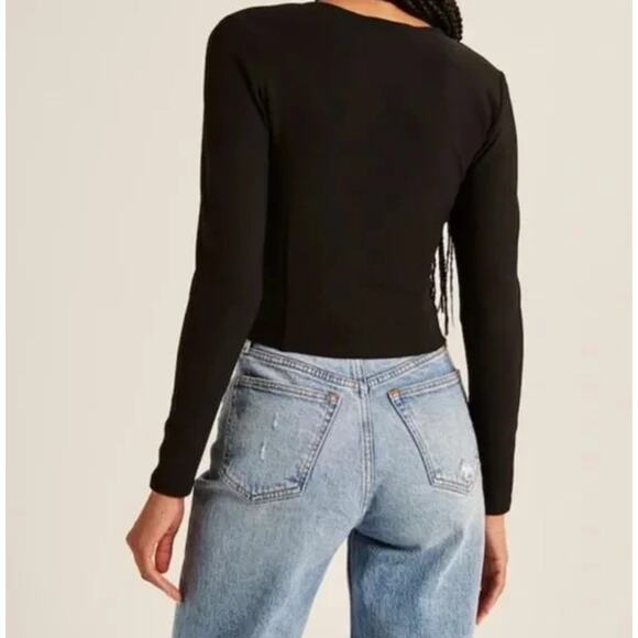 Abercrombie & Fitch Long Sleeve O-Ring V-Neck Blouse Top Black - Picture 6 of 14